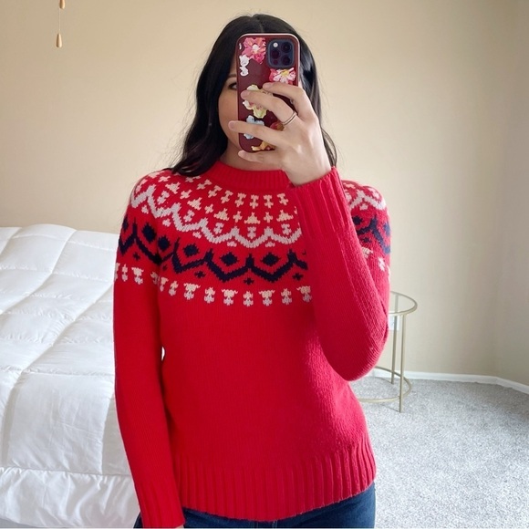 J. Crew Red Fair Isle Merino Wool Sweater - Picture 1 of 9